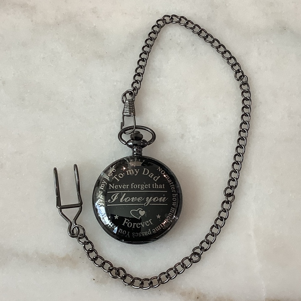 Black Engraved Pocket Watch with Chain - Sentimental Message, Brand New